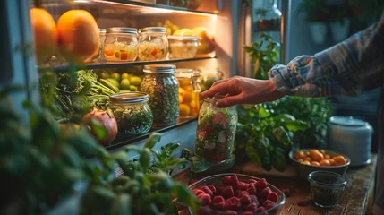 Poster In a kitchen glowing with soft, natural light, a person reaches for a glass jar of overnight oats from the fridge, the clean lines and white decor of the space echoing the simplicity and balance  © Алексей Василюк