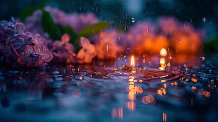  A close-up shot of a candle on a wet surface with purple flowers surrounding it and raindrops falling from the sky