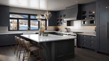 Kitchen featuring marble countertops and slate gray shaker cabinets.