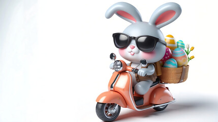 3D Cool Easter bunny with sunglasses and Easter eggs in his backpack on a motorbike.