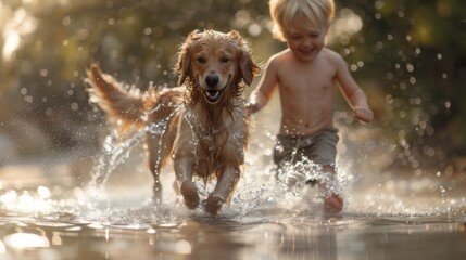 In a sunlit backyard, a child and their golden retriever run through a sprinkler, laughter and barks mingling in the air, capturing the joy between kids and their pets on a warm summer day
