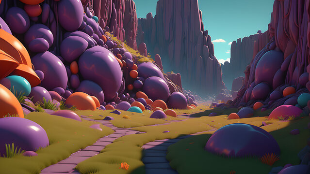 Fantasy landscape with colorful, oversized flora lining a stone pathway through a vibrant, mystical canyon.