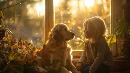 On a sunny porch, a child gently brushes their older dog, taking care of their lifelong friend with tenderness and love, the quiet morning serving as a backdrop to a lesson in kindness and caregiving - obrazy, fototapety, plakaty