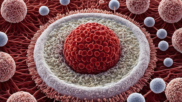 3D illustration of a human cell structure with nucleus for medical and scientific use.