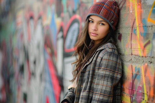 A girl in a relaxed pose, leaning against a graffiti-covered wall. Her casual attire and confident stance reflect her individuality and urban style