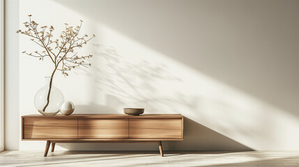 Obraz premium Minimalist composition of living room interior with copy space, wooden sideboard, glass vase with branch, bowl, ball sculpture and personal accessories. Home decor. Template