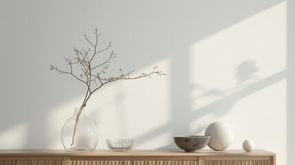 Minimalist composition of living room interior with copy space, wooden sideboard, glass vase with branch, bowl, ball sculpture and personal accessories. Home decor. Template