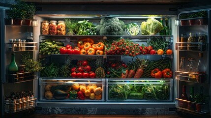 The glow of a refrigerator light in a dimly lit kitchen reveals a collection of locally sourced, seasonal produce, emphasizing the importance of supporting local farmers and maintaining - obrazy, fototapety, plakaty