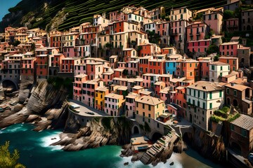 An aerial perspective of Vernazza village, with its terraced houses nestled against the rugged cliffs, presented in immersive 4K resolution
