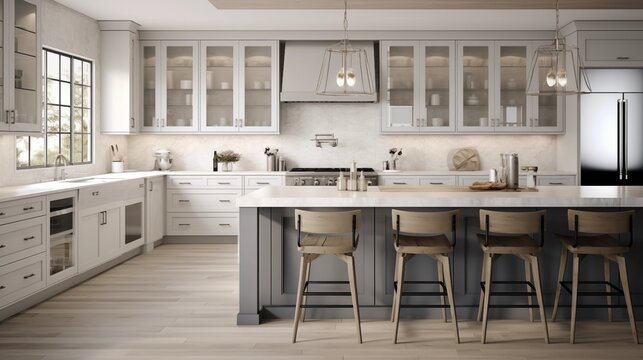 Kitchen in light grays with deep navy blue shaker island cabinets.