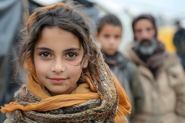 Refugees and children observe staff in economic crisis aftermath. Concept Economic Crisis, Refugee Crisis, Children in Need, Support for Refugees, Community Aid