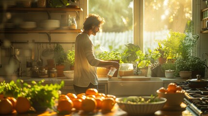 The morning sun highlights a kitchen immaculate white counters and open shelves as an individual selects a jar of almond milk from the refrigerator, preparing to blend a balanced