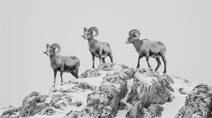 Triumvirate of Bighorn Sheep on Snowy Cliff in Monochrome, B&W Illustration of Three Sheep. Generative AI.
