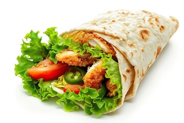 Tortilla wrap with fried chicken and fresh vegetables on white background