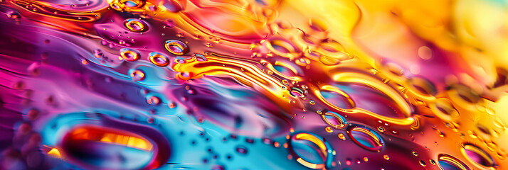 Macro View of Colorful Bubbles in Water, Abstract Pattern of Oil Drops on Vibrant Background