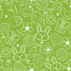 Seamless vector pattern dedicated to Easter on a bright green background. Hand drawn white outline of Easter eggs, bunny faces and porcupines. The pattern is suitable for seamless printing.