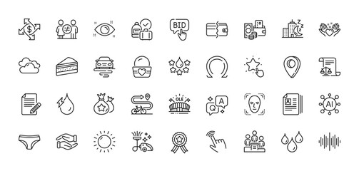 Bike path, Route and Face detection line icons pack. AI, Question and Answer, Map pin icons. Hydroelectricity, Cursor, Bid offer web icon. Payment methods, Waterproof, Article pictogram. Vector