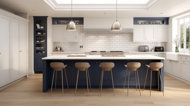 Kitchen in off-whites and creams with deep ink blue shaker style lower cabinets.