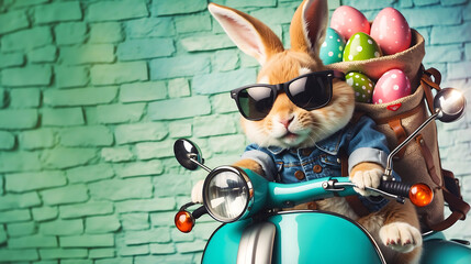 Cool Easter bunny with sunglasses and Easter eggs in his backpack on a motorbike. - obrazy, fototapety, plakaty