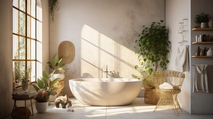 A bathroom with a white bathtub and a potted plant. The bathroom is clean and well-lit, with a window letting in natural light