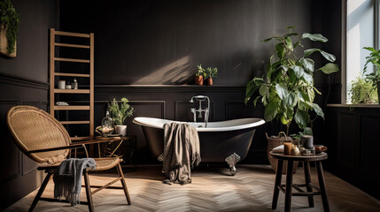 A bathroom with a bathtub, a chair, and a potted plant. The room is decorated with a black color theme