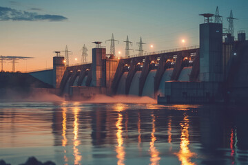 Fototapeta na wymiar A hydroelectric dam at sunset, the warm, soft light reflecting off the water symbolizing the generation of clean, renewable energy