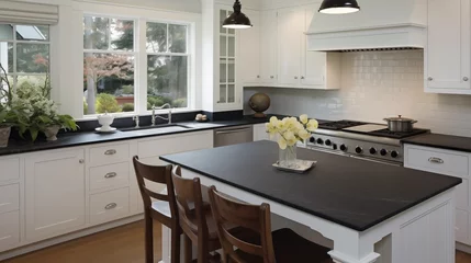 Fotobehang Kitchen with crisp white cabinets and black honed granite countertops. © Aeman