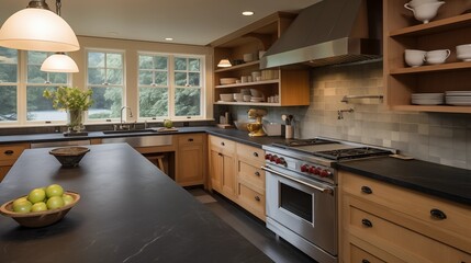 Kitchen with light cabinets and leathered charcoal soapstone countertops.