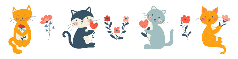 Cute cats with flowers. Set characters. Vector illustration