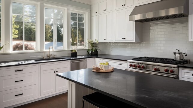 Kitchen with crisp white cabinets and black matte honed granite countertops.