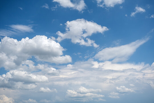 blue sky with white clouds, sky scenery, sunlit clouds