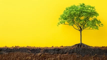 Papier Peint photo Lavable Jaune Majestic verdant tree with visible roots on ground in background, perfect for text placement