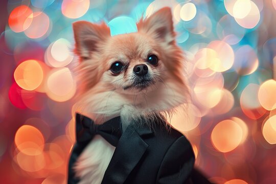 Cute dog in suit on blurred lights background