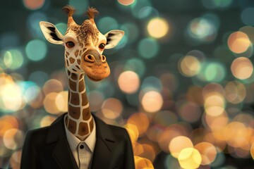 Giraffe in black suit on blurred lights background