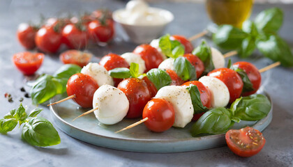 Apperizer - Caprese Skewers with Cherry Tomatoes, Mozzarella, and Basil - Powered by Adobe
