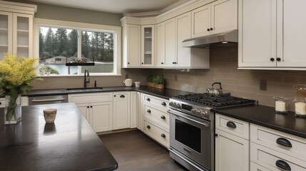Kitchen with off-white cabinets and leathered charcoal black granite counters.