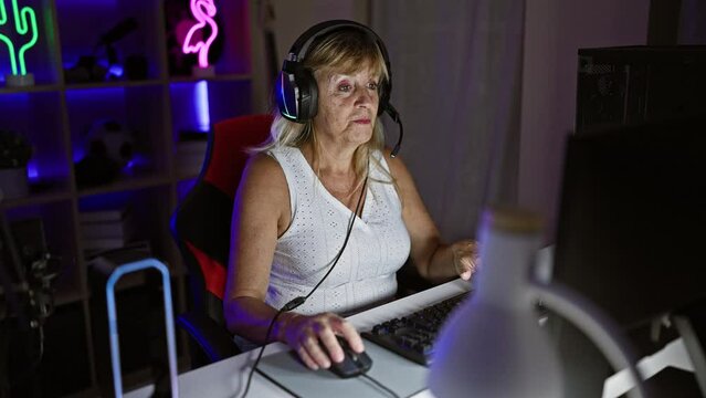 Beautiful middle-aged blonde woman streamer savouring victory gesture, arms crossed, in vibrant high-tech at-home gaming room, playing video stream game late into the night