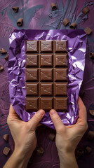 A person is holding a bar of chocolate on its wrapper in their hands, showcasing the delicious treat up close