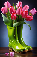 Bouquet of colorful red and pink tulips in green rain boots.