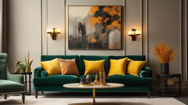 Light beige walls with a deep emerald green velvet sofa and pops of mustard yellow in pillows and artwork.