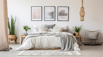 A bedroom with a white bed, a white rug, and a white wall. There are three framed pictures on the wall