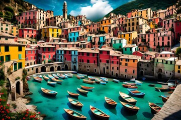 An artistic composition of Vernazza village's harbor, with colorful boats floating in the clear turquoise water, rendered in high resolution for a visually striking image