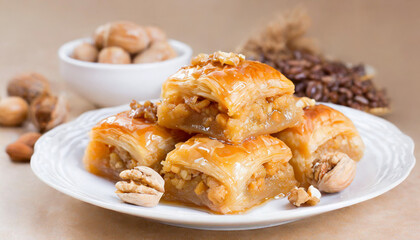 Fototapeta na wymiar Arab Cuisine - Baklava (sweet pastry made of layers of filo dough filled with chopped nuts and sweetened with honey or syrup)