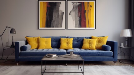 Light gray walls with a dark blue velvet sofa and pops of mustard yellow in pillows and artwork.