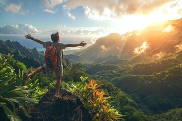Tourist athlete rejoices climbing a mountain in a tropical country, success and goal achievement concept, man raised his hands up in delight - obrazy, fototapety, plakaty