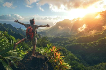 Fotobehang Tourist athlete rejoices climbing a mountain in a tropical country, success and goal achievement concept, man raised his hands up in delight © serz72