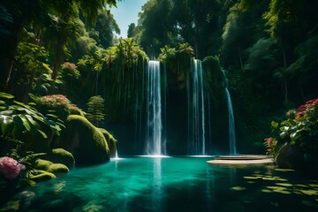 A breathtaking waterfall plunging into a crystal-clear pool amidst a verdant landscape, surrounded by towering trees and vibrant flowers - Powered by Adobe