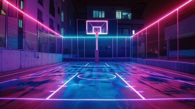An empty basketball court at night, bathed in neon blue and pink lights with reflections on the shiny wet floor, creating a futuristic, cyberpunk ambiance.
- Powered by Adobe
