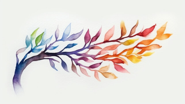 concept of Belonging Inclusion Diversity Equity DEIB or lgbtq, multicolor painted tree branch with leaf art on white background	