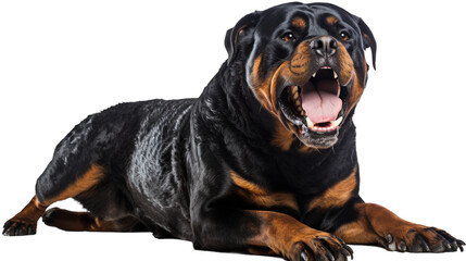 A large black and brown dog peacefully rests on the ground